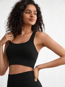 Ocili Leisure Extremely Stretchy Seamless & Skin-Friendly Non-Removable Padding Comfortable Solid Wide Rib Bra Black - Black - View 5