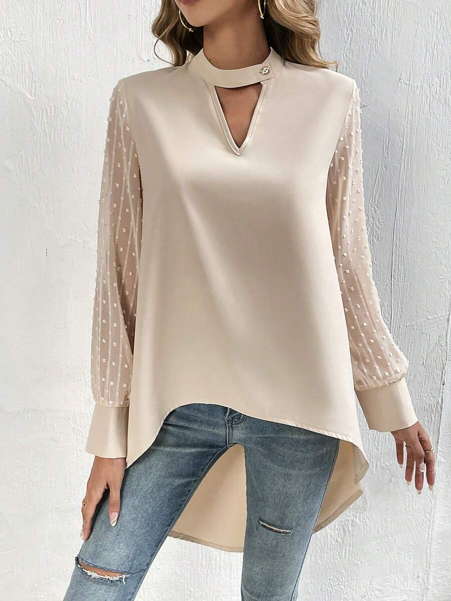 SHEIN Clasi 網眼拼接長袖襯衫 - 杏色 - 查看 1