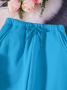 SHEIN EZwear 女士純色毛絨衛衣和運動長褲套裝 - 藍色 - 查看 4