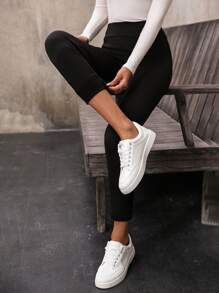 SHEIN LUNE 素色高腰緊身打底褲 - 黑色 - 查看 5