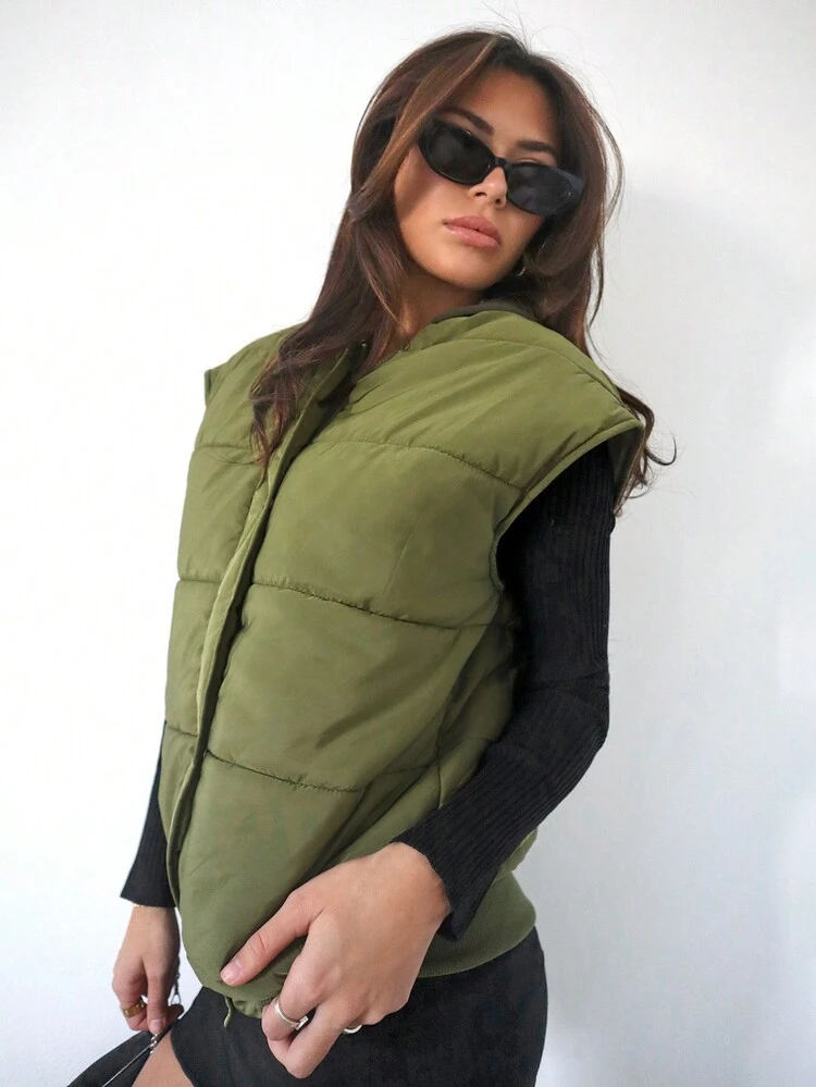 Solid Button Front Vest Padded Coat