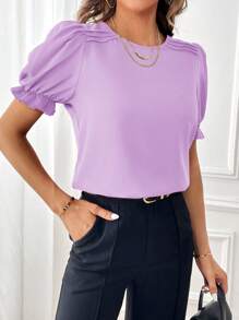 SHEIN Essnce Blusa de manga abullonada sólida, blusas de manga corta