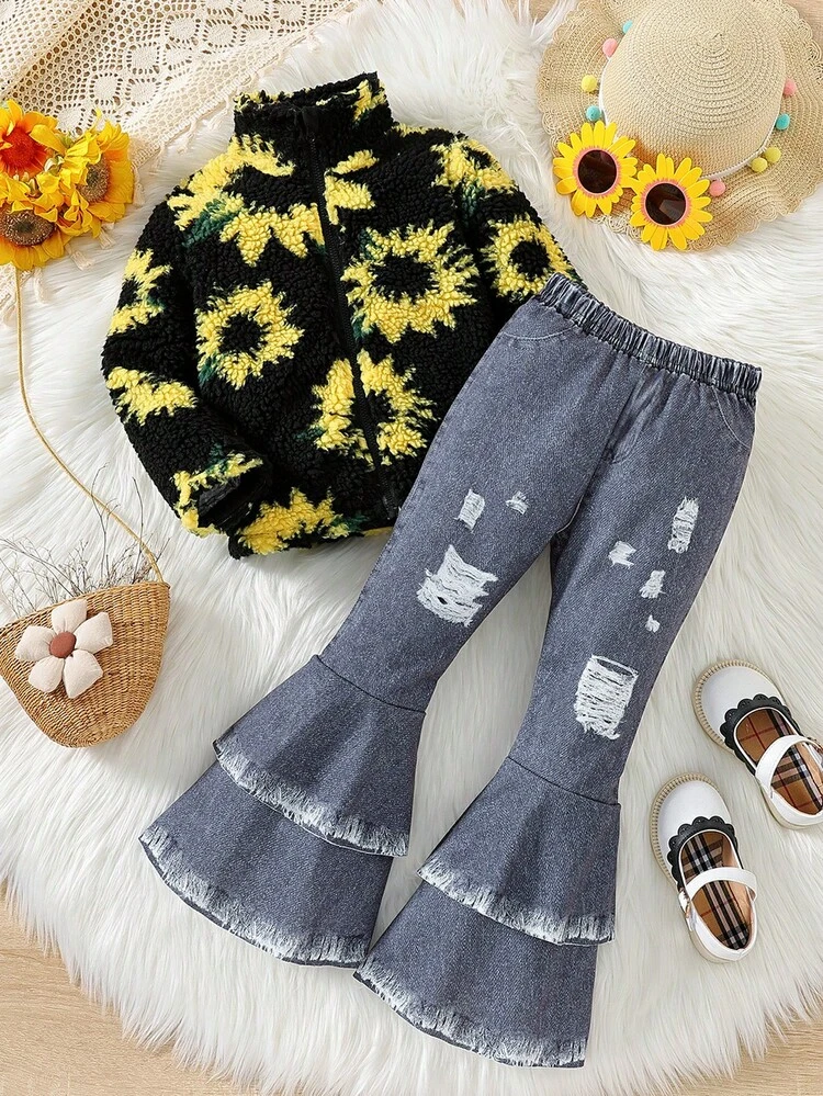 Young Girls Style Plush Long Sleeve Stand Collar Coat + Denim Effect Flared Pants 2pcs/Set For Autumn And Winter