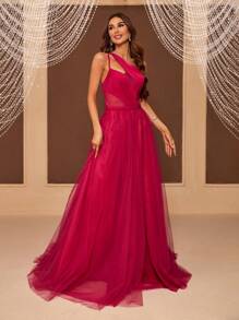 SHEIN Belle Un singur umăr Decupat Mesh Overlay Rochie Rochii de bal pentru femei - Roz - Vizualizare 6