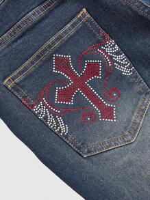 ROMWE Grunge Punk 女式喇叭牛仔裤，饰有水钻十字设计，学校风