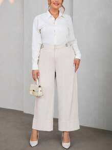 SHEIN Privé Plus-size Solid Color Wide Leg Pants - Khaki - View 4