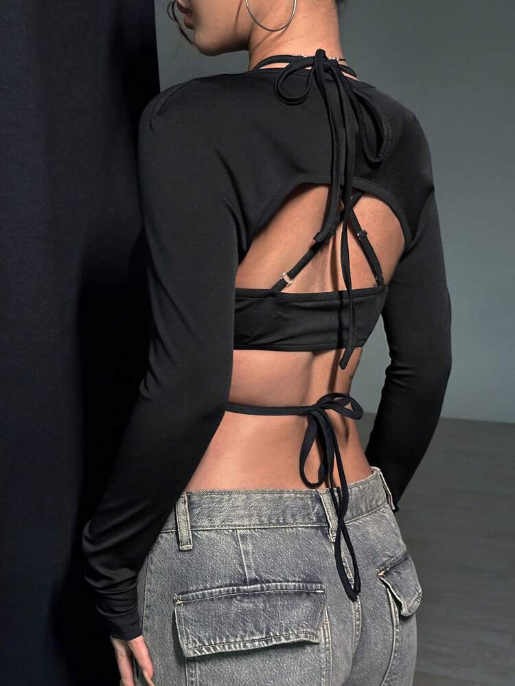 Solid Crisscross Tie Back Crop Top & Bolero