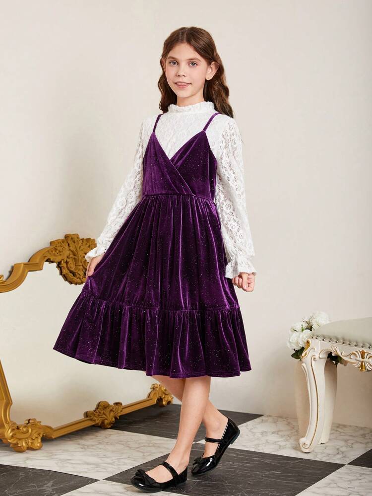 Tween Girls' Knitted Solid Color Short Plush Strap Dress And Lace Trim Solid Color Knitted Top 2pcs/Set