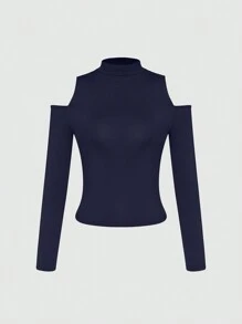 INAWLY 素色高領挖空細節修身T恤 - 淺藍色 - 查看 5