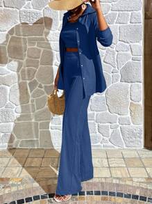 EURMUSE Solid Crop Tank Top & Shirt & Trousers - Blue - View 3