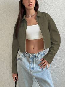 SHEIN Unity Women's Color Block Short Cropped Jacket With Pockets - Army Green - View 7