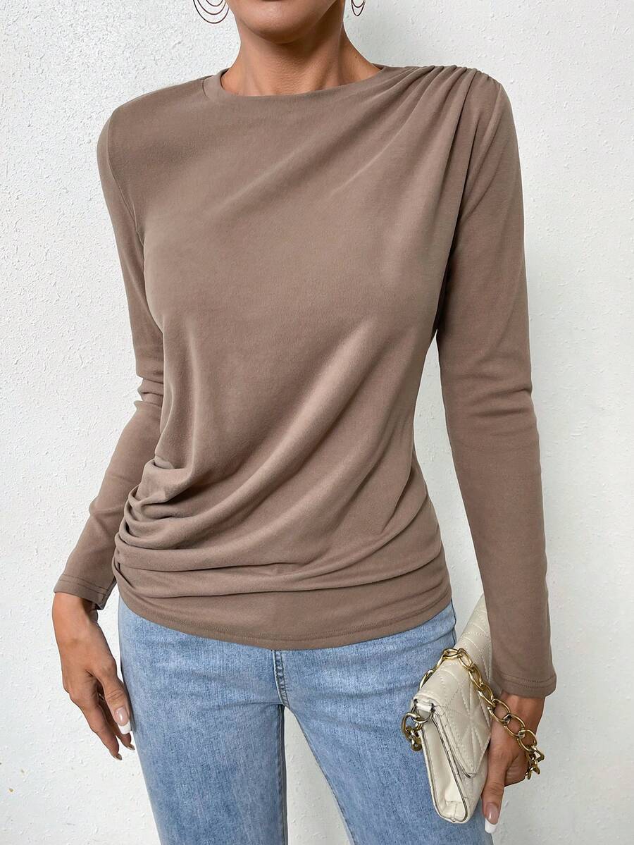 SHEIN Essnce Solid Ruched Tee - Coffee Brown - View 1