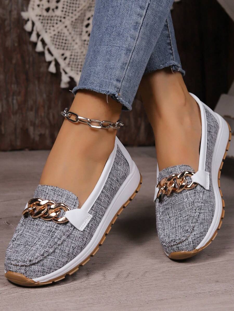 New Spring Autumn Fashionable Plus Size Color Block Flat Loafers With Metal Chain Detail For Women's Casual & Sports Wear
