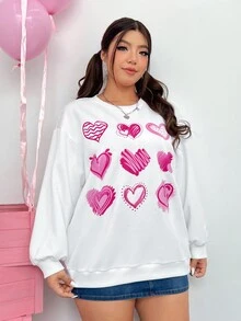 SHEIN Qutie Kích thước lớn Hình trái tim In Thả vai Áo nỉ - trắng - Xem 6
