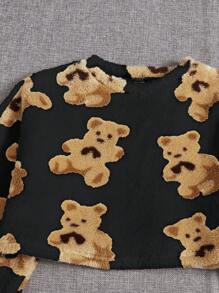 SHEIN EZwear Bear Drop Shoulder Teddy Pullover & Knot Front Shorts - Black - View 4