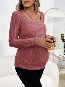 SHEIN Maternity Scoop Neck Ruched Side Ribbed Knit Tee - Redwood - View 5