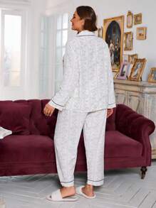 Plus Contrast Piping Satin PJ Set / Pajama Set, Fall Winter Clothes, Cozy Outfit - Beige - View 2