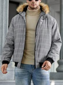 Manfinity VCAY Chaqueta acolchada con capucha con cremallera, con estampado a cuadros y ribete de felpa, de corte holgado y talla grande para hombre, para otoño e invierno - Multicolor - Ver 3