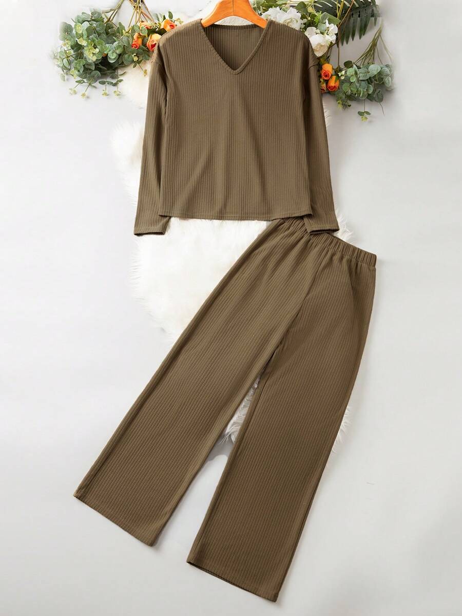 SHEIN Unity Women'S Solid Color Ribbed T-Shirt And Pants Set - Khaki - View 1