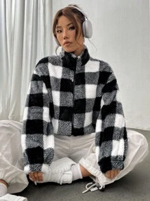 SHEIN Unity 大方格圖案落肩袖毛絨夾克 - 黑與白 - 查看 5