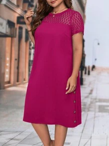 SHEIN Clasi Plus Contrast Lace Button Detail Tee Dress - Red Violet - View 4