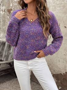 SHEIN Essnce Của phụ nữ Nhiều màu Đốm Đan Cổ chữ V Áo len - Nhiều màu - Xem 5