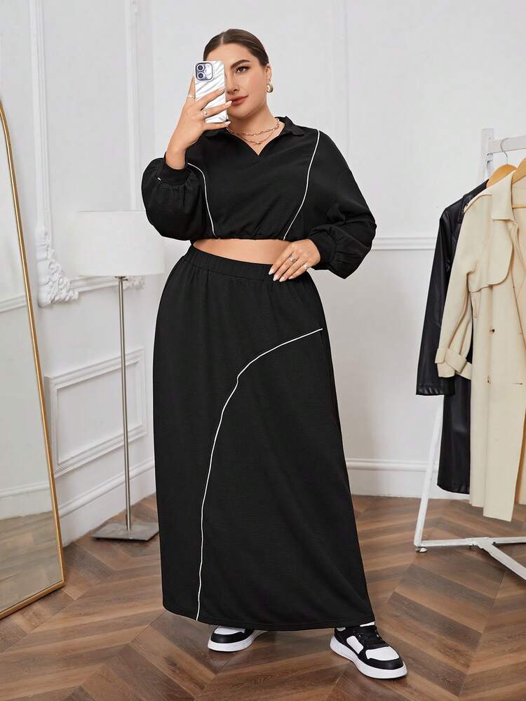 Plus Contrast Piping Drop Shoulder Crop Pullover & Skirt