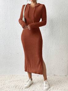 SHEIN Frenchy Quý cô Màu thuần Đầm có mũ Với Cao Bên Khe Và Dây rút - Rỉ Nâu - Xem 4