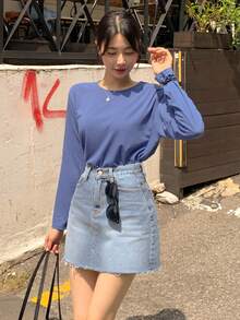 DAZY Camiseta Sólida Con Cuello Redondo - Azul - Ver 5