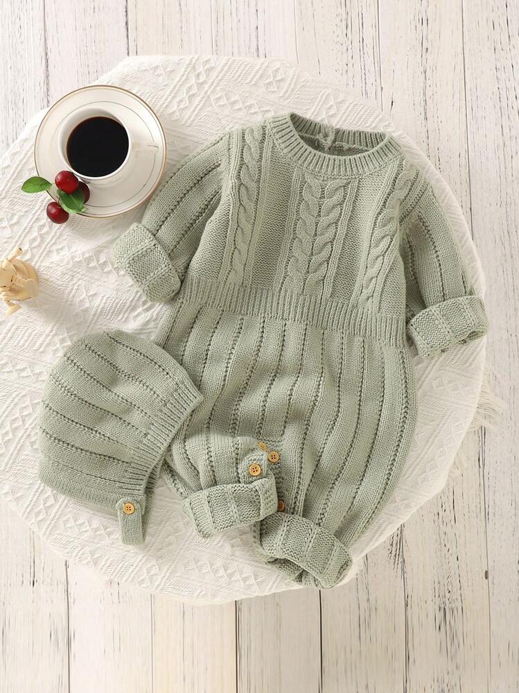 Mono Y Gorro De Punto Trenzado Para Bebé Niño - Verde - Ver 1