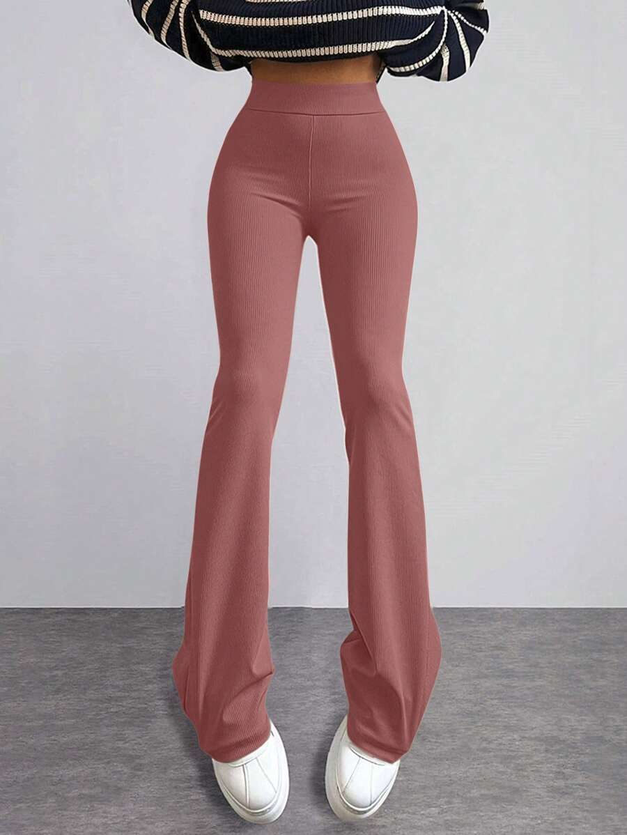 High Waist Rib-knit Long Pants - Purple - View 1