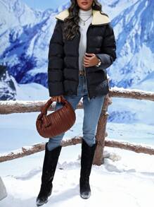 SHEIN LUNE Women's Color Block Lapel Padded Padded Coat Clothes Winter - Black - View 3