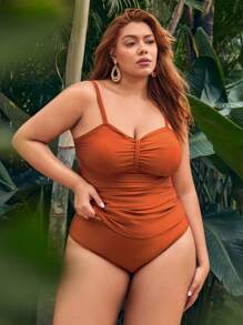 SHEIN Swim Curve Women's Plus Size Ruched Hollow Out Bikini Set Summer - Mocha Brown - View 4