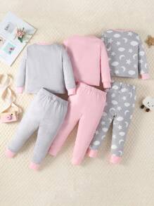 SHEIN 嬰兒女童絨布舒適卡通印花長袖汗衫和褲子套裝,緊身家居服