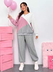 SHEIN EZwear 女性大尺寸拼接運動衫和衛褲套裝 - 彩色 - 查看 1