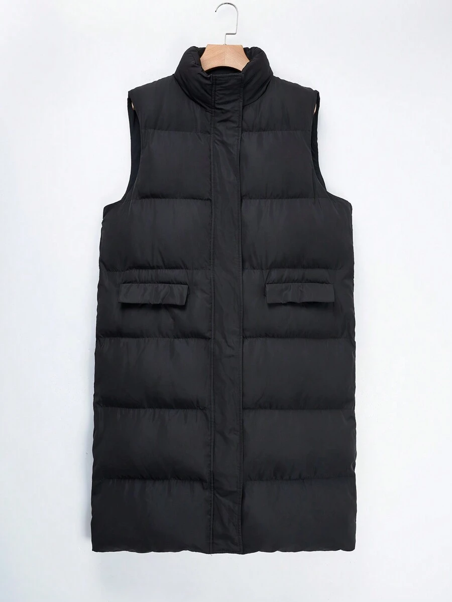 SHEIN EZwear Zip Up Snap Button Winter Vest Coat - Black - View 1