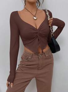 SHEIN EZwear Camiseta corta con nudo delantero en estilo retro color marrón - Marrón - Ver 6