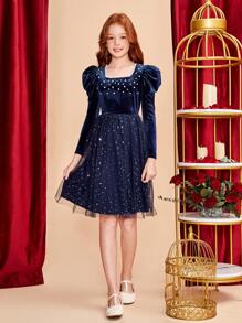 SHEIN 少女方領鑲珠網眼下擺拼接裙 - 藏蓝色 - 查看 3