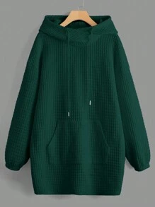 SHEIN EZwear Áo nỉ cỡ lớn có túi kangaroo, vai rớt, dây rút. - Màu xanh lá cây đậm - Xem 1