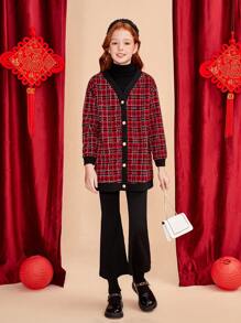 Tween Girl Plaid Print Drop Shoulder Button Front Coat - Multicolor - View 5