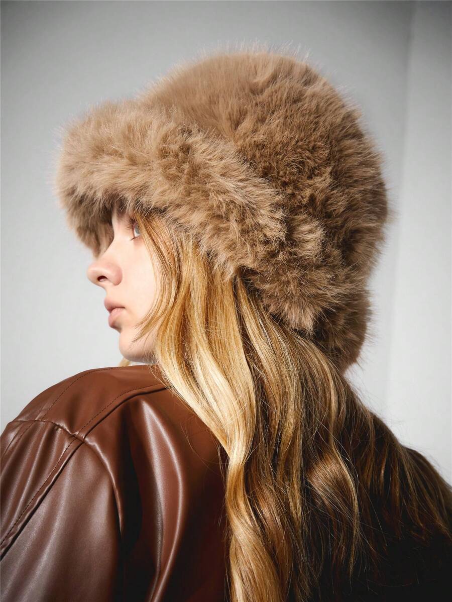 SHEIN ICON 毛絨桶帽，適用於日常休閒穿著 - 棕色 - 查看 1