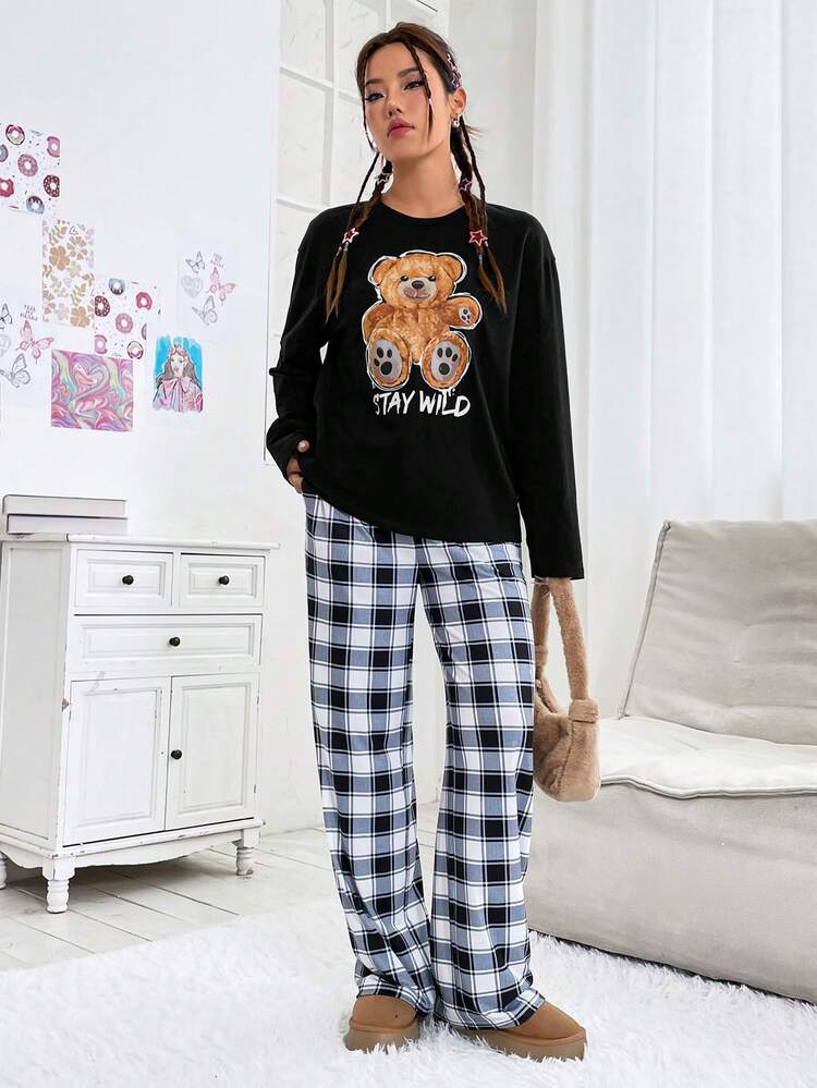 Women's Cartoon Bear & Letter Printed Top And Plaid Pants Set