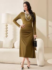 Modelyn 女裝純色百褶裙連身裙 - 綠色 - 查看 6