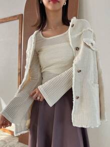 FRIFUL Áo thun nữ tay dài viền bất đối xứng - Màu be - Xem 7