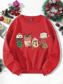 SHEIN EZwear Christmas Print Drop Shoulder Sweatshirt - Red - View 1