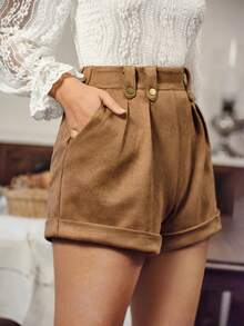 SHEIN Frenchy 女士斜口袋百褶短褲 - 棕色 - 查看 5