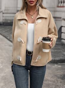 SHEIN LUNE Duffle Button Slant Pocket Teddy Jacket Fall Cloth For Women - Apricot - View 1