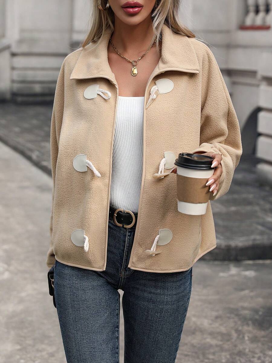 SHEIN LUNE Duffle Button Slant Pocket Teddy Jacket Fall Cloth For Women - Apricot - View 1