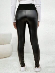 SHEIN Thai sản Đường may bên cạnh tương phản Vòng eo có thể điều chỉnh Cạp da PU - màu đen - Xem 2