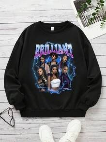Teen Girls Casual Portrait Graphic Crew Neck Long Sleeve Sweatshirt, Suitable For Autumn/Winter - Black - View 1